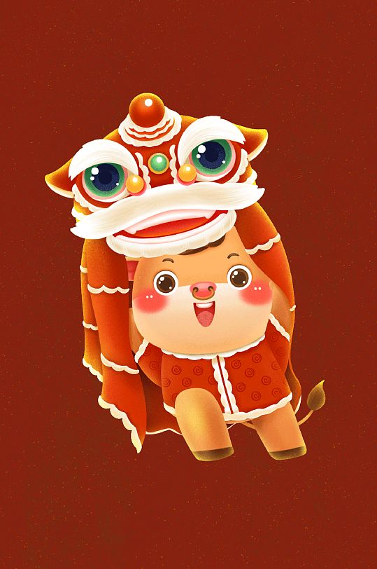 乐乐牛舞狮手绘插画新年元素