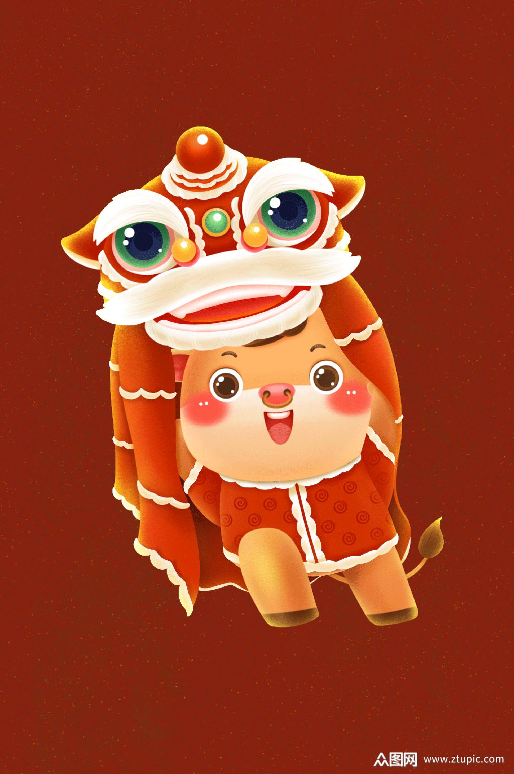 乐乐牛舞狮手绘插画新年元素