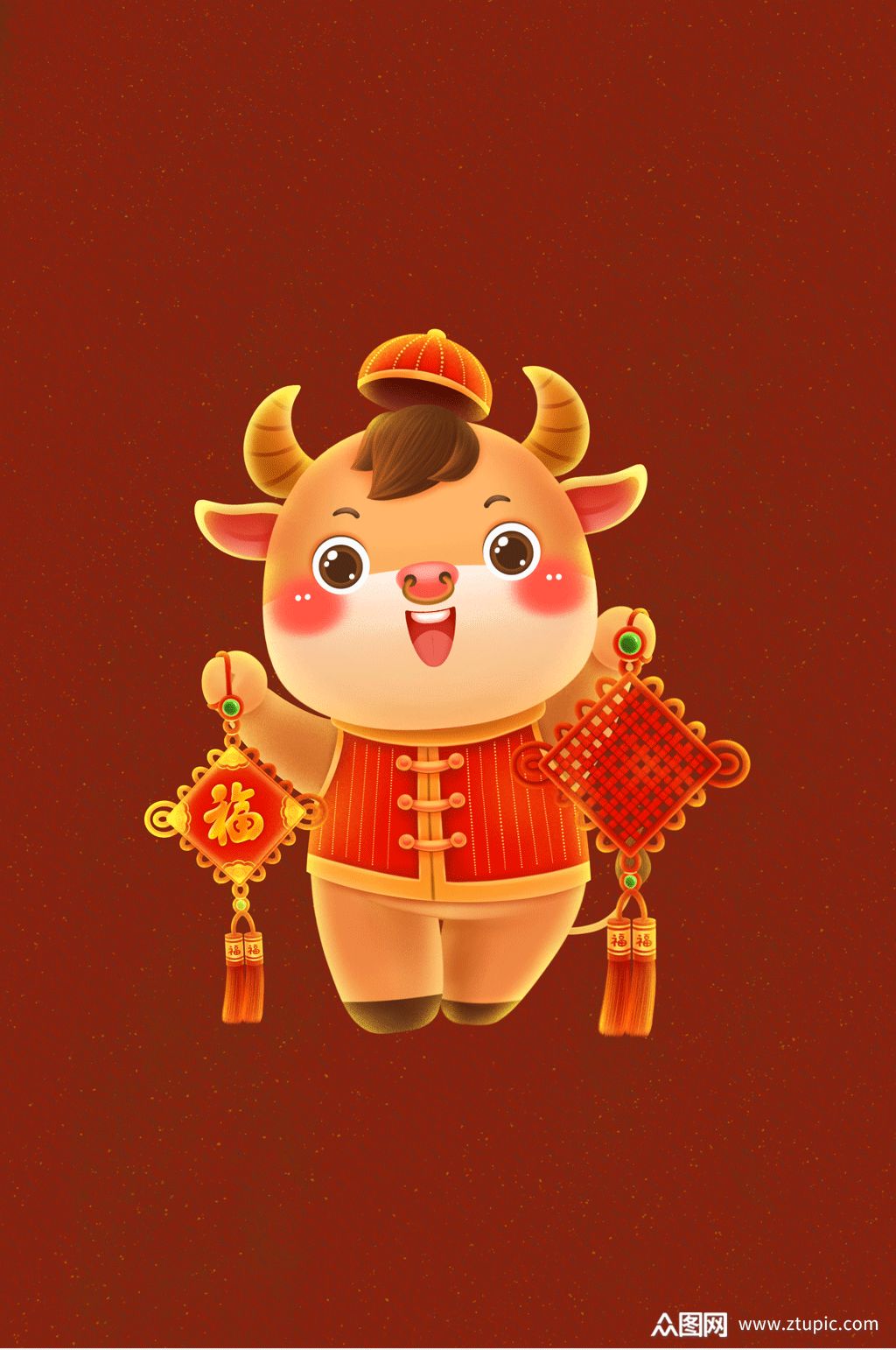 乐乐牛挂中国结牛年辛丑牛插画新年元素牛素材