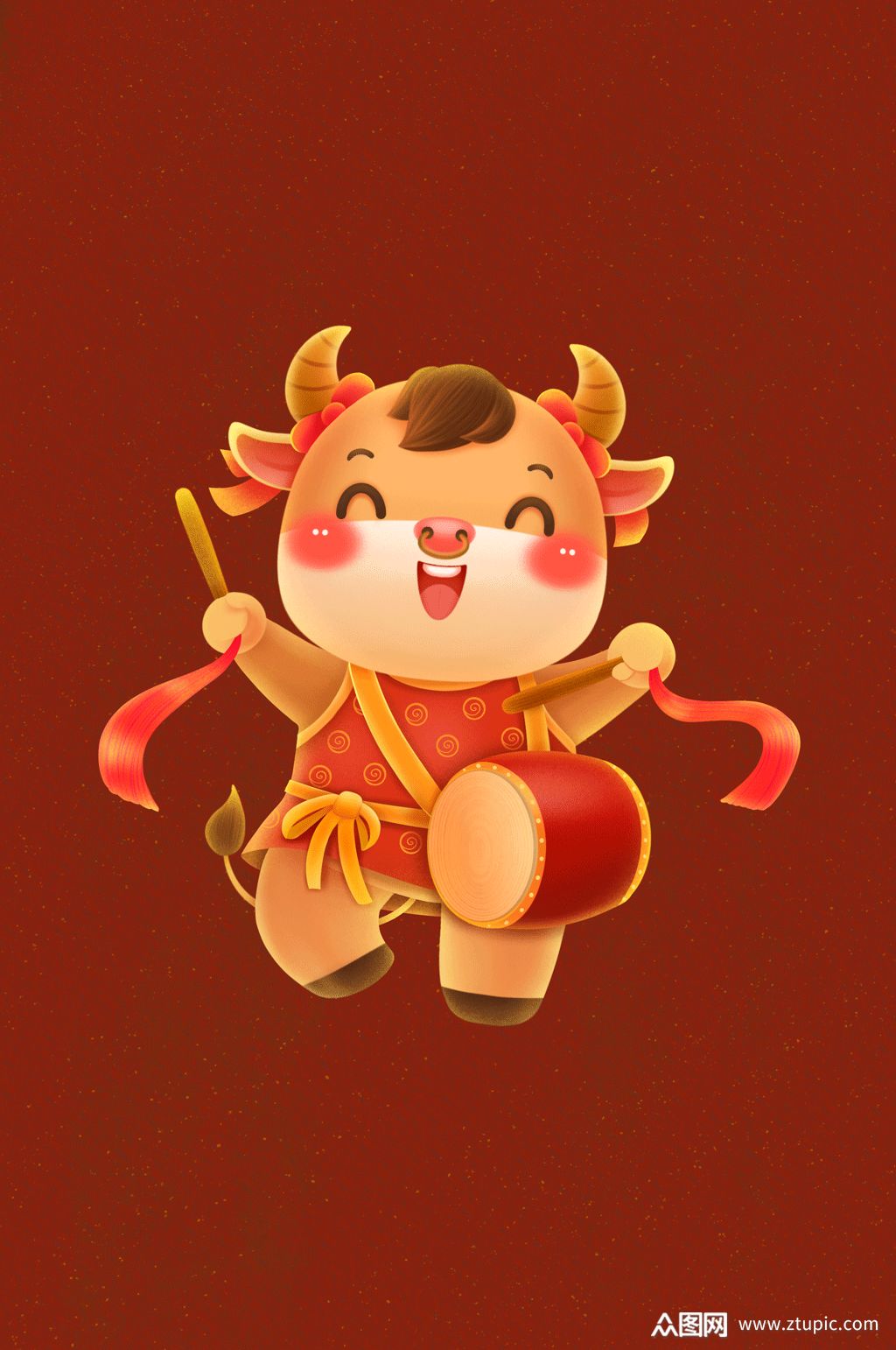 乐乐牛打腰鼓牛年辛丑牛插画新年元素牛年插画牛素材
