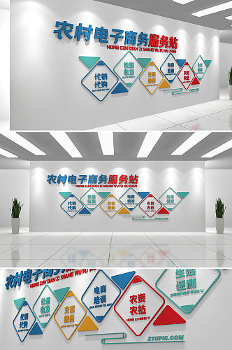 蓝色农村电商 农村电子商务服务站企业文化墙