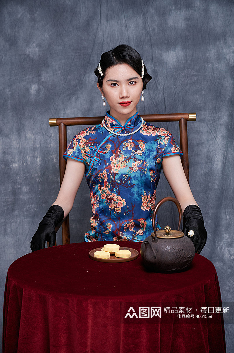 复古旗袍美女茶具糕点摄影图照片素材
