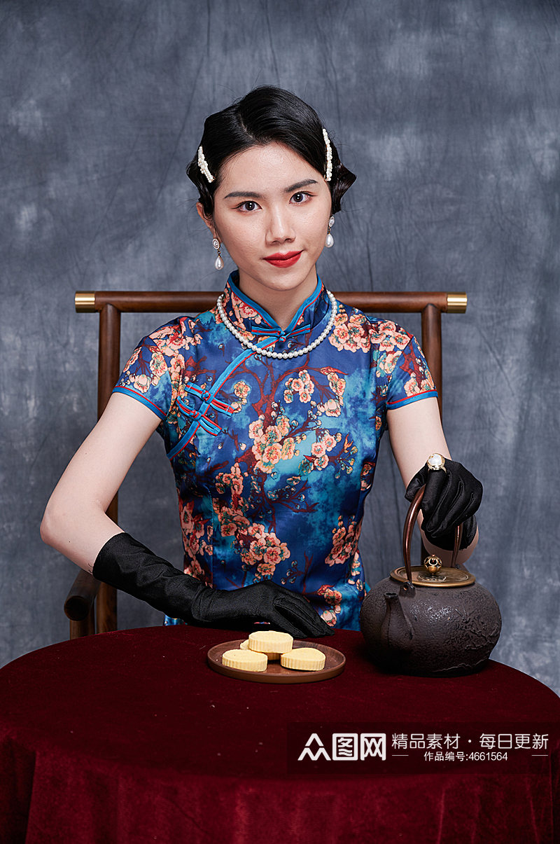 国潮气质旗袍女性摄影图茶具糕点美食摄影图素材