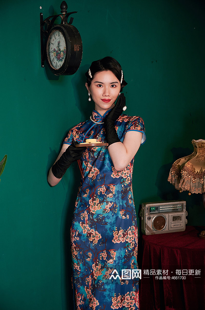 国潮旗袍美女传统美食商业摄影图照片素材
