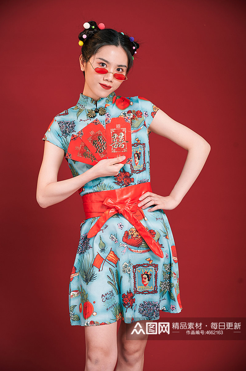 旗袍国潮美女创意红包造型商业摄影图素材