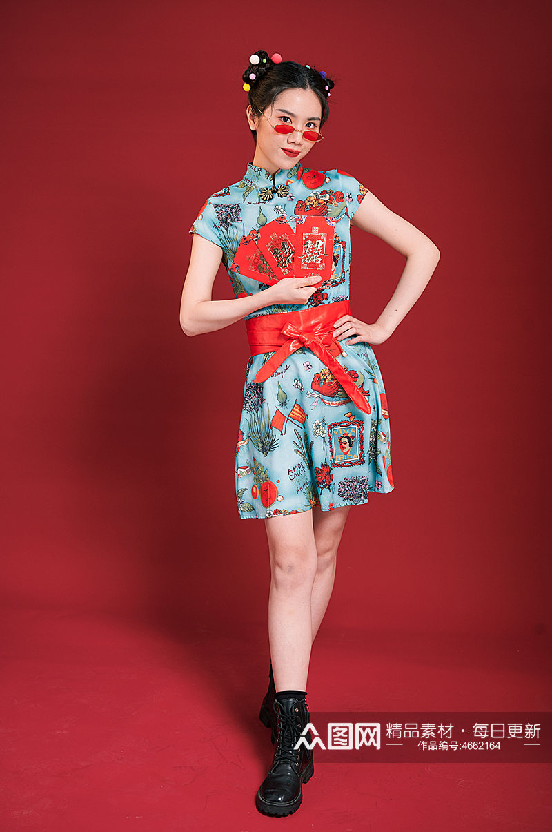 旗袍国潮美女创意红包造型商业摄影图素材