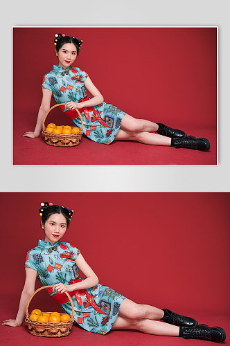 水果美食创意旗袍女人国潮商业摄影图