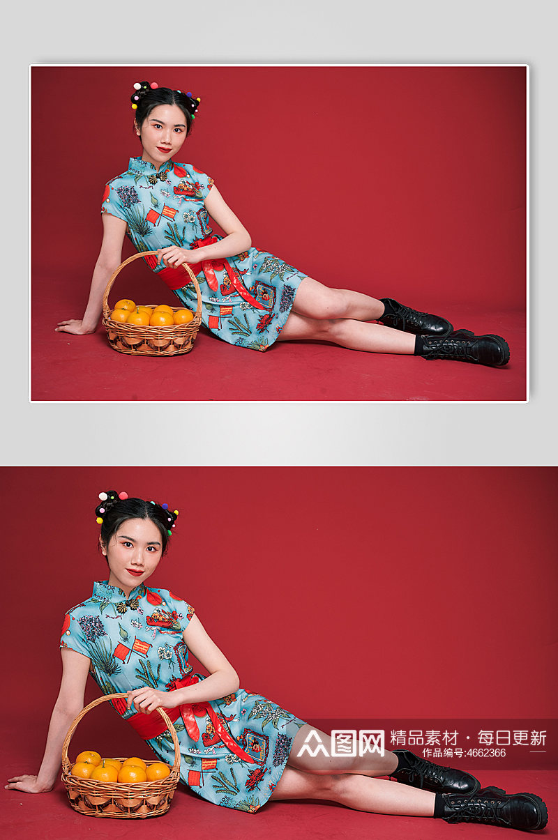 水果美食创意旗袍女人国潮商业摄影图素材