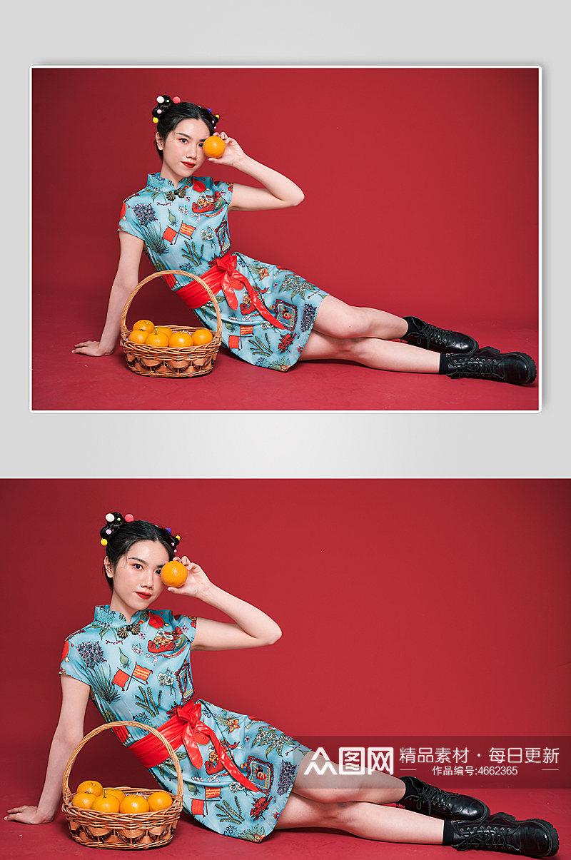国潮旗袍女生橙子创意商业摄影图素材