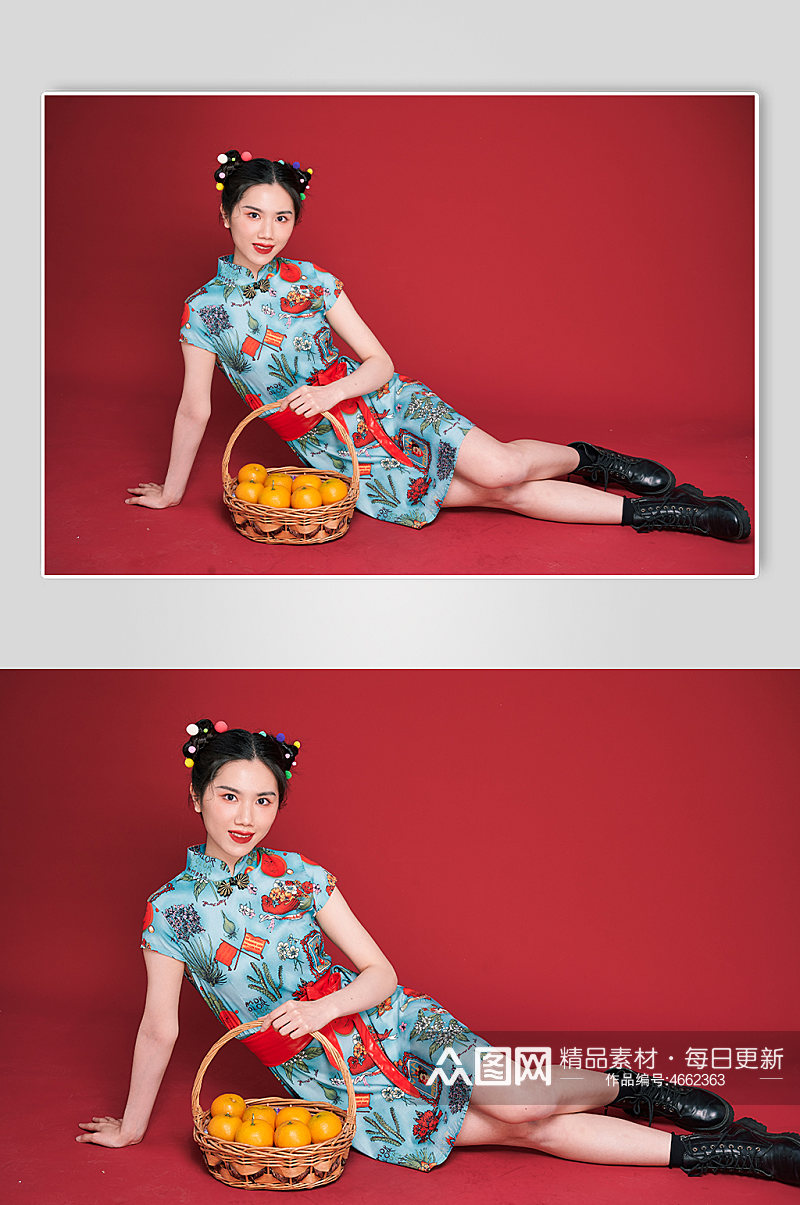 商业摄影国潮旗袍美女水果造型摄影图素材