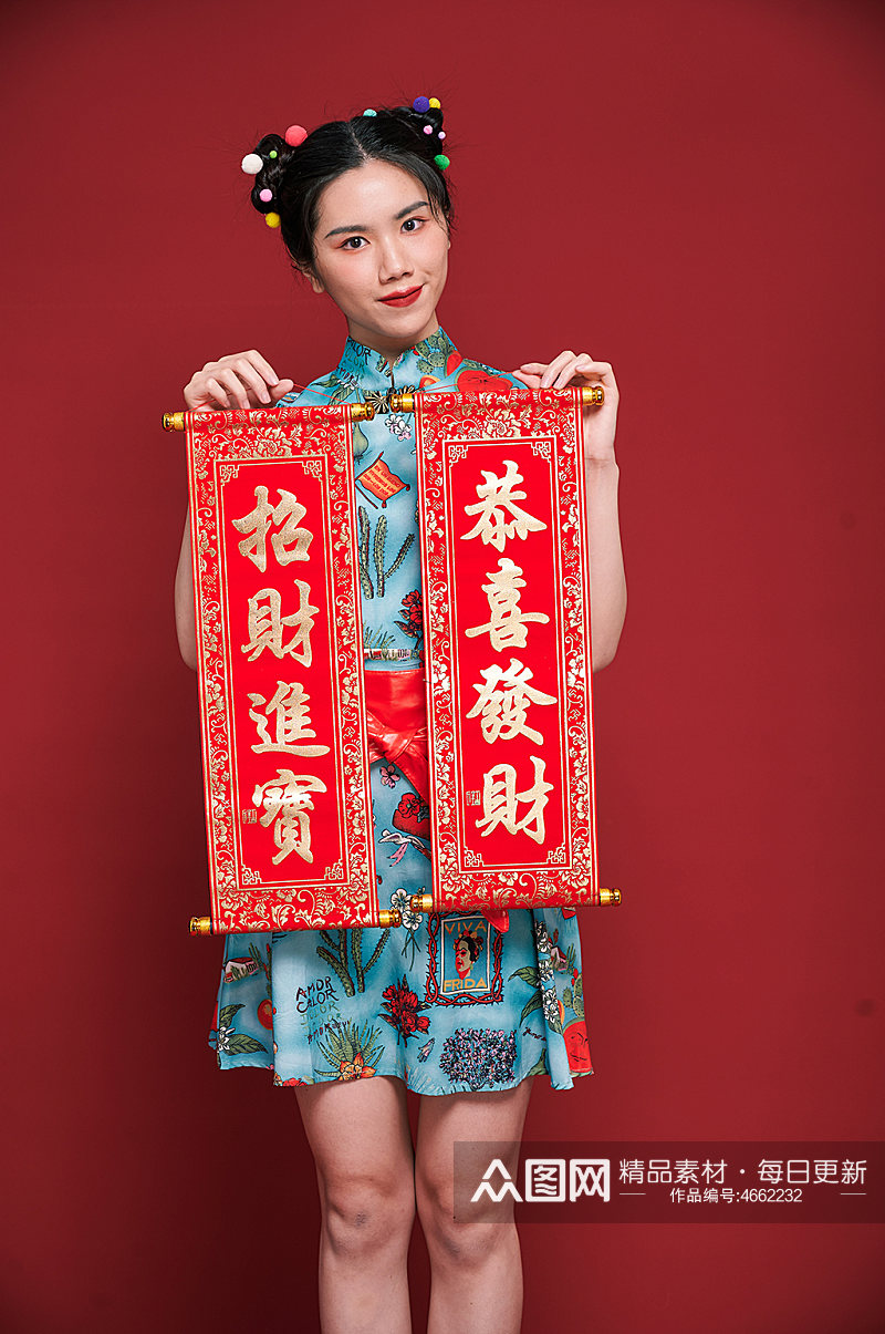 国潮旗袍女人对联春联造型商业摄影图素材