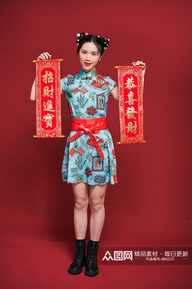 国潮旗袍女人对联春联造型商业摄影图素材