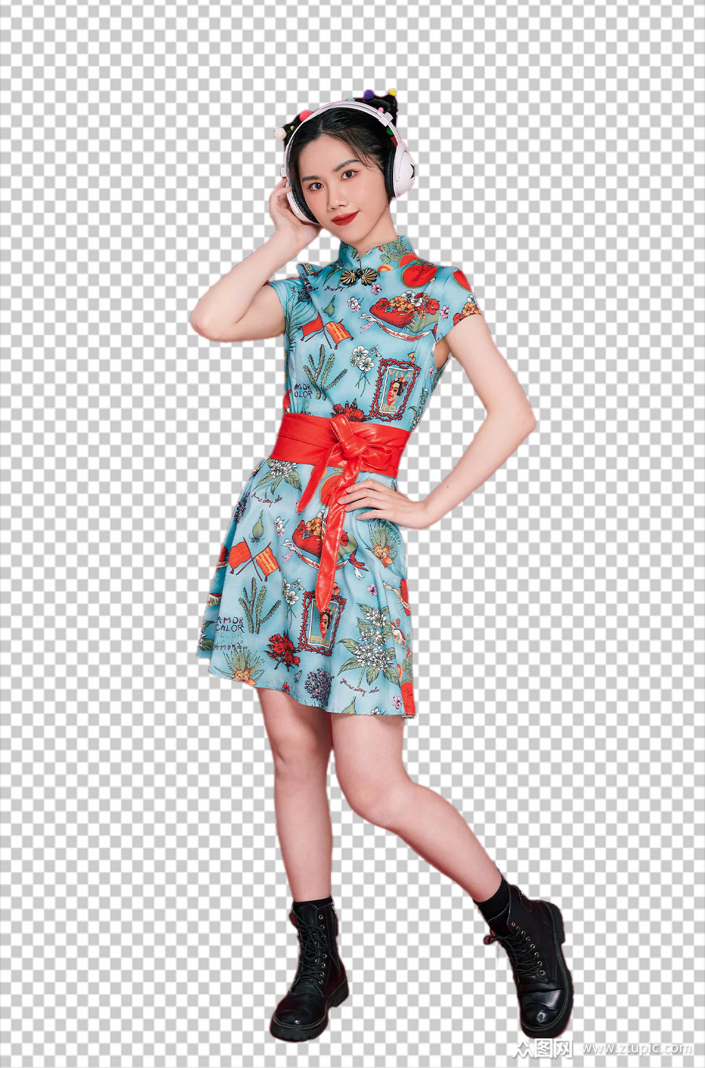 国潮旗袍美女戴耳机商业摄影图免抠元素模板下载-编号4664208-众图网