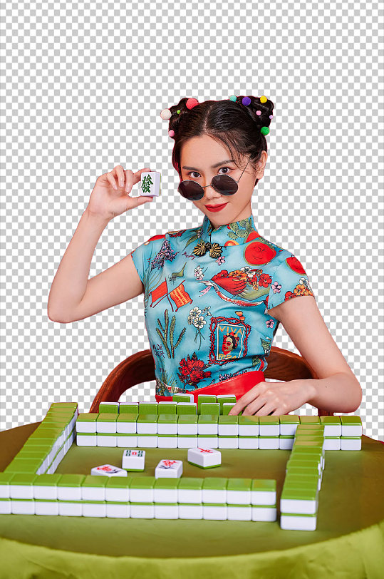 国潮美女麻将旗袍造型摄影图免抠元素