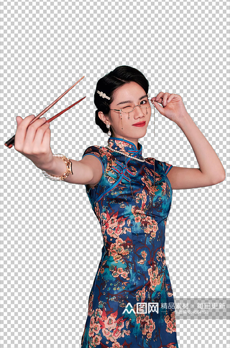 中式旗袍美女拿筷子摄影图免抠元素素材
