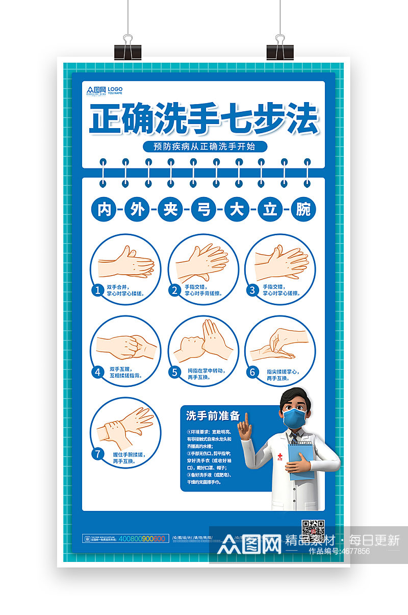 七步洗手法洗手七步法海报展板宣传海报素材