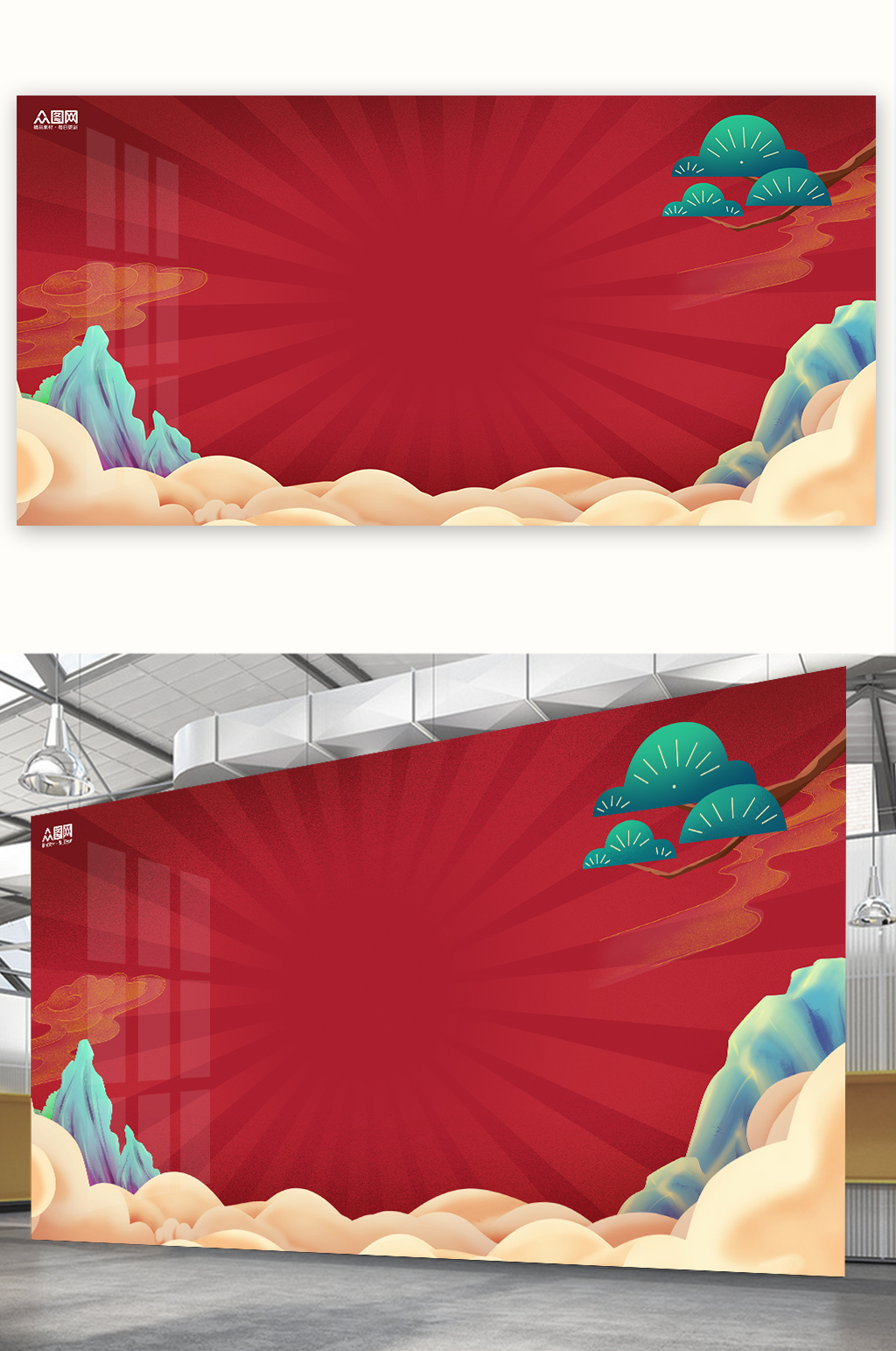 红色国潮插画风格免抠背景图展板海报元素素材