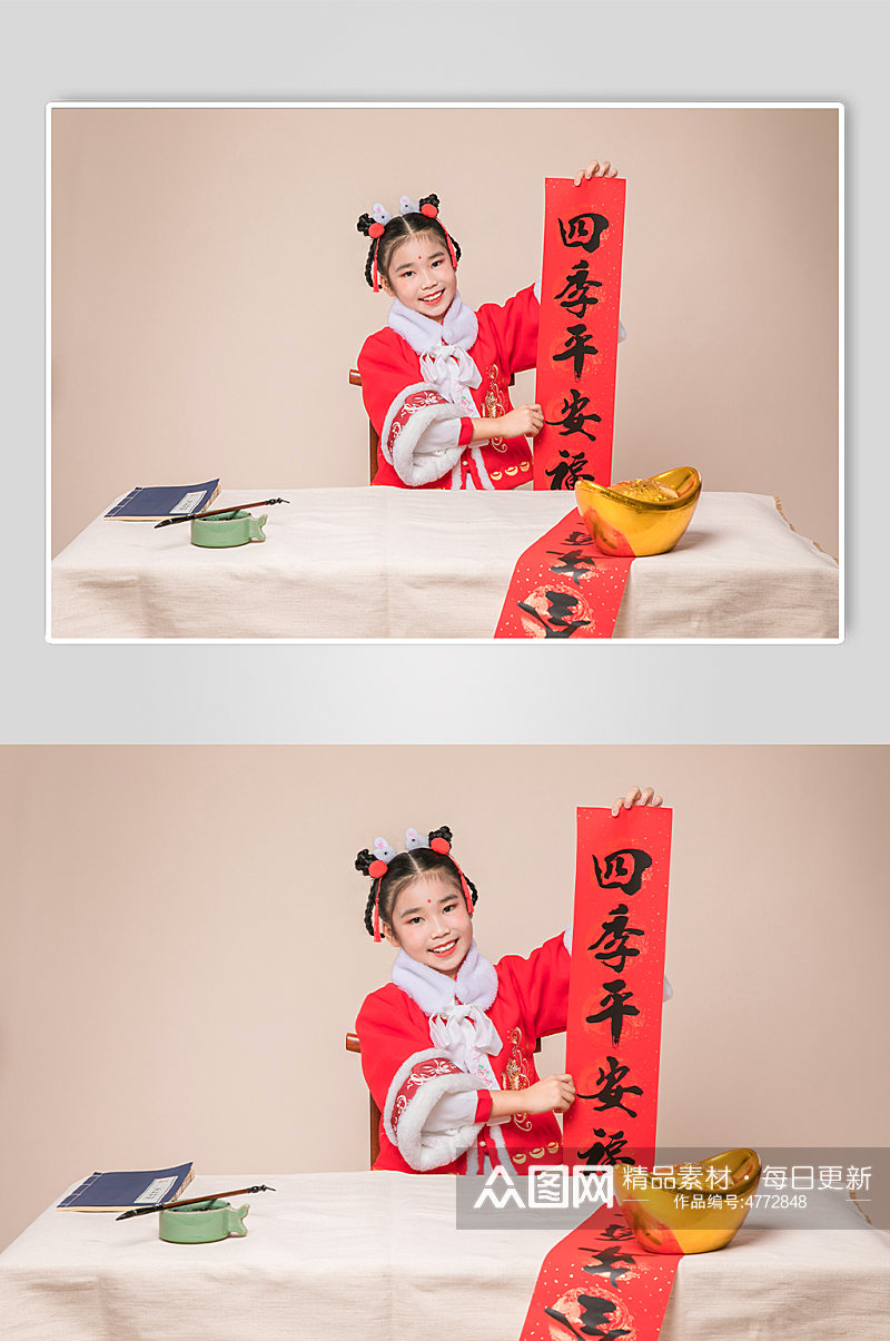 可爱汉服小女孩对联贺春节新年人物摄影图片素材