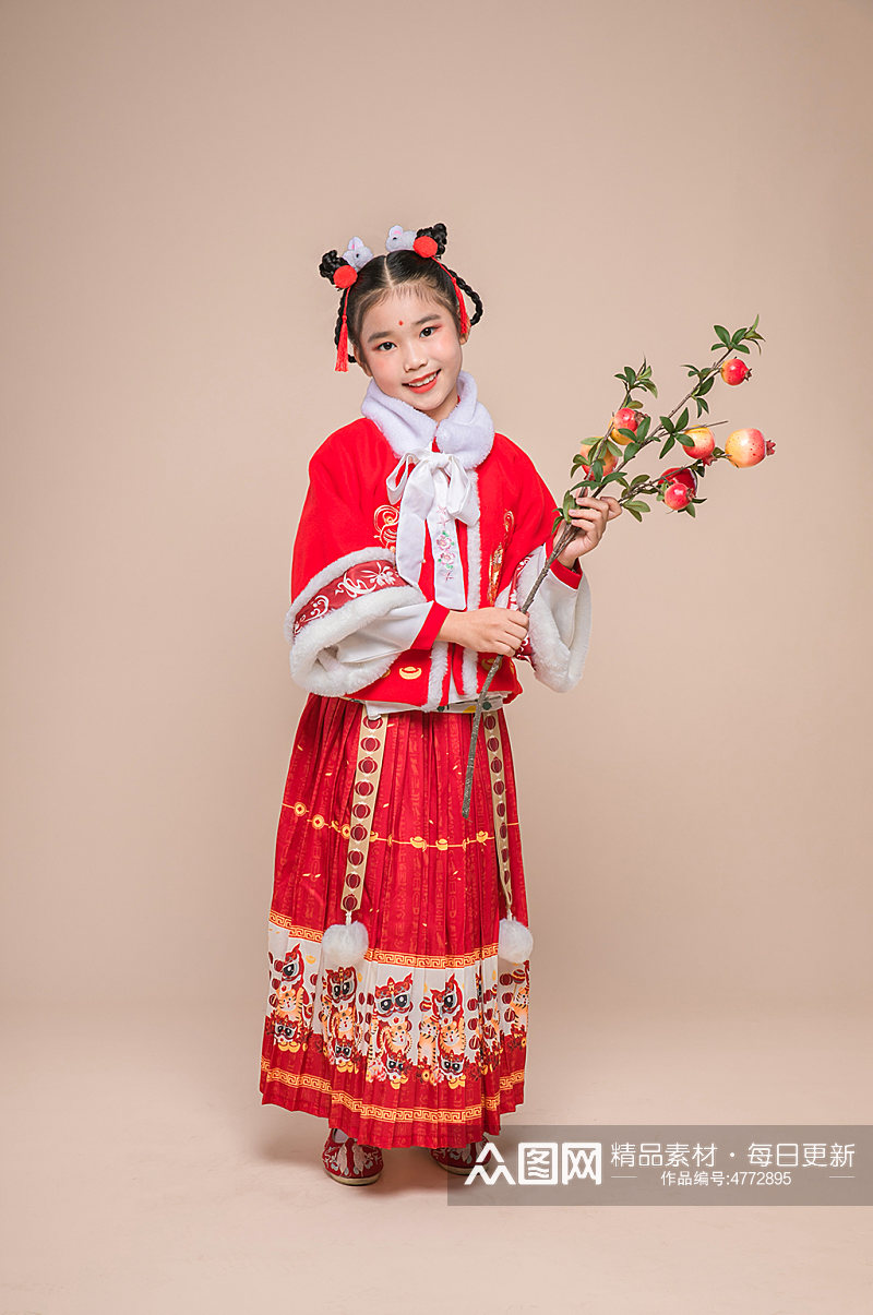 贺岁小女孩拿石榴春节新年人物摄影图片素材