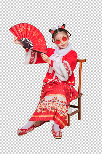 国潮春节人物拿扇子女生PNG免抠摄影图片