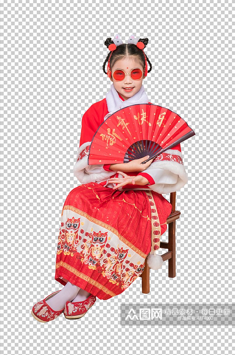 国潮春节人物拿扇子女生PNG免抠摄影图片素材