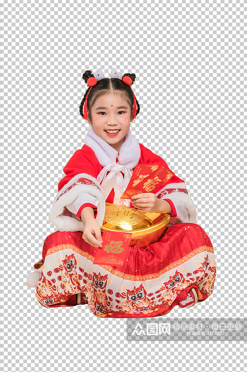 可爱春节女生人物抱元宝PNG免抠摄影图片素材