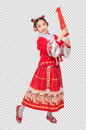 春节新年人物拿伞元素PNG免抠摄影图片
