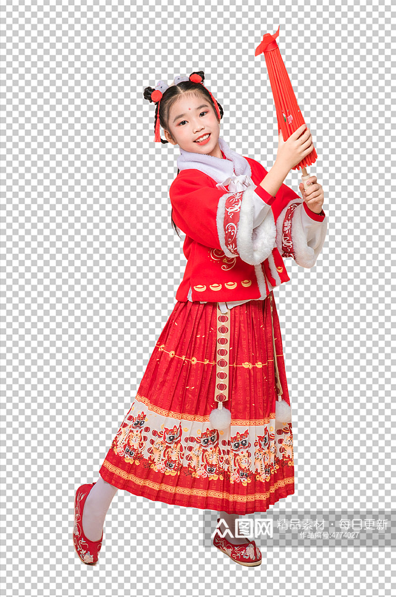 春节新年人物拿伞元素PNG免抠摄影图片素材
