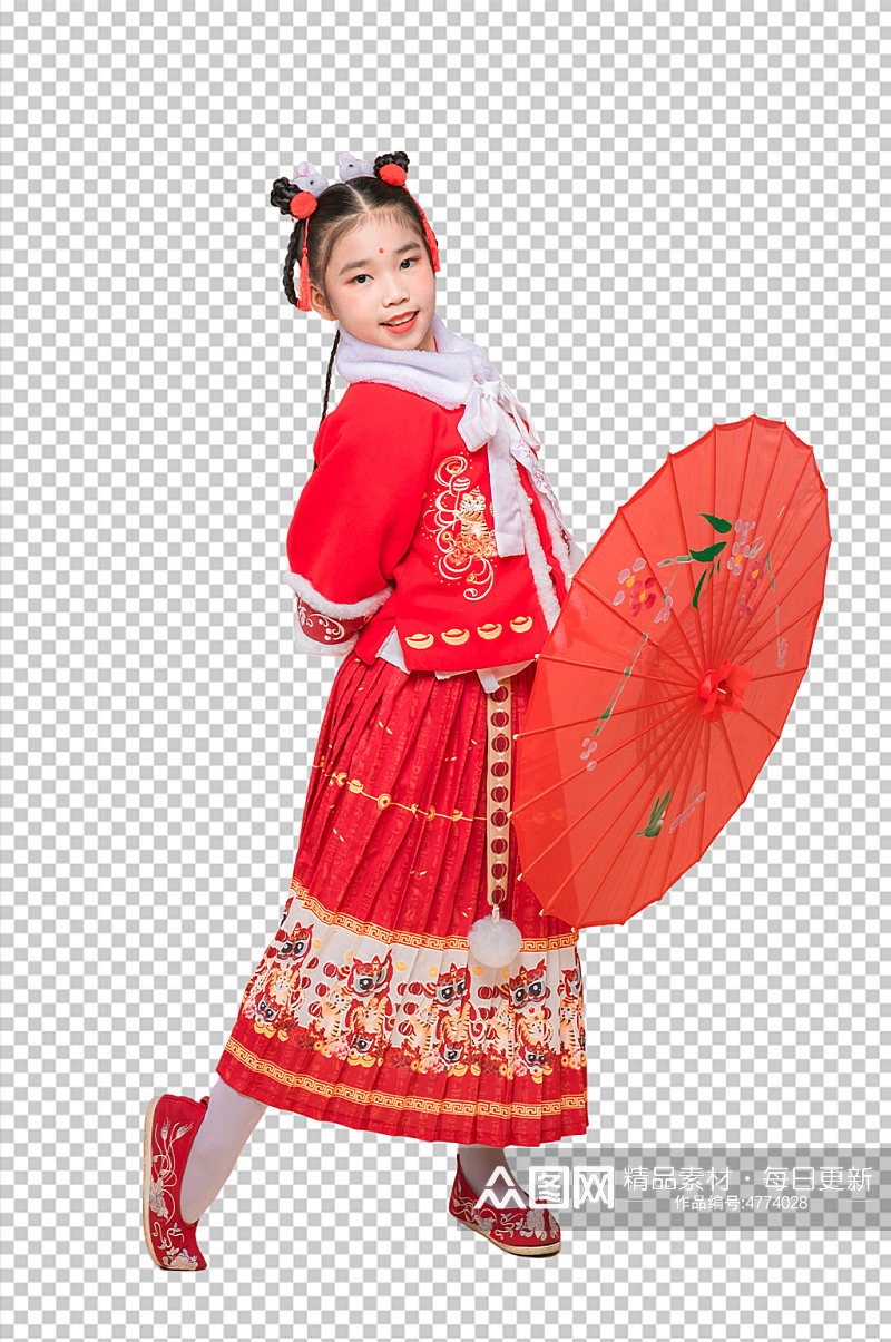 春节新年人物拿伞元素PNG免抠摄影图片素材