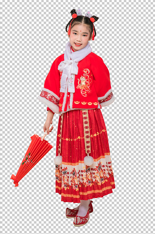 春节新年人物拿伞元素PNG免抠摄影图片