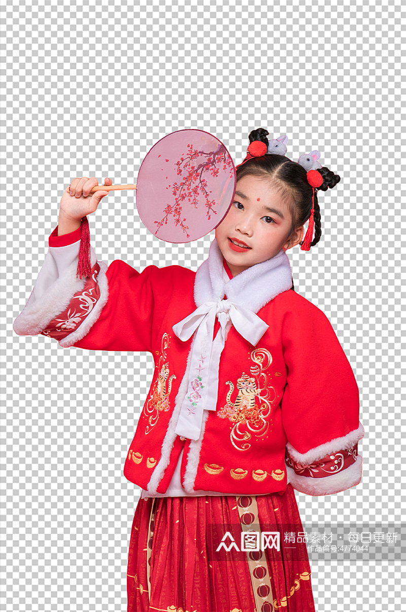 国潮春节人物拿扇子女生PNG免抠摄影图片素材