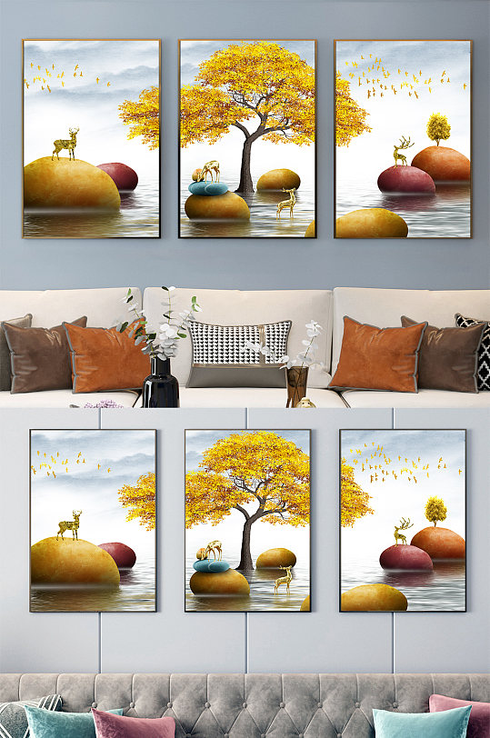 新中式金色麋鹿装饰画-众图网