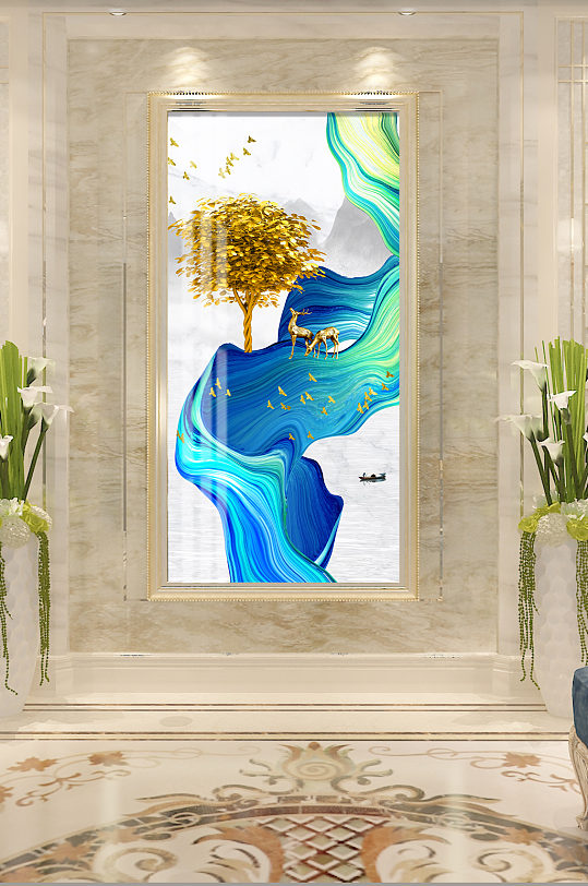 新中式抽象飘带发财树玄关装饰画-众图网