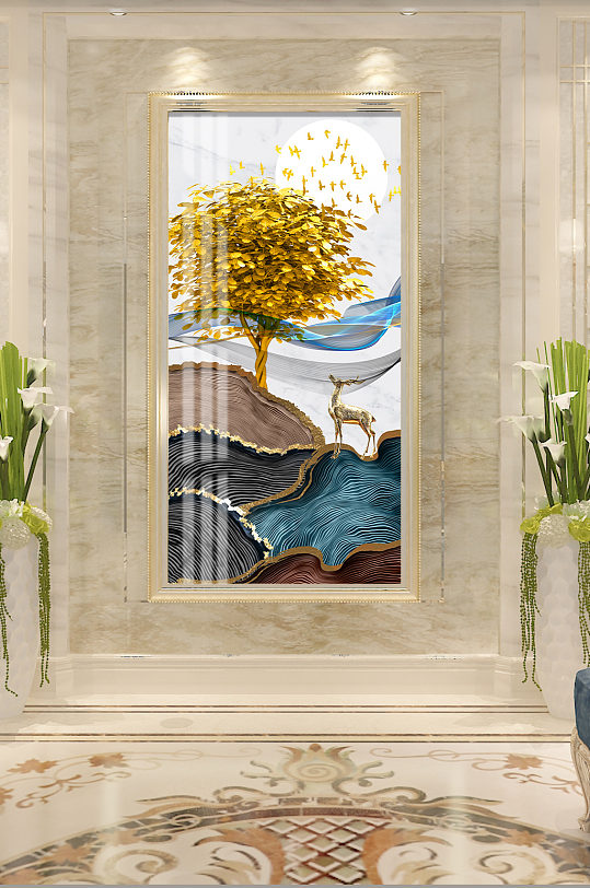 新中式玄关大气金色年轮装饰画-众图网