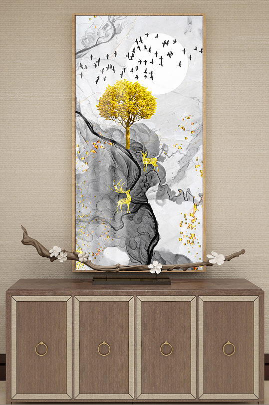 中式水墨大氣金色麋鹿玄關(guān)裝飾畫