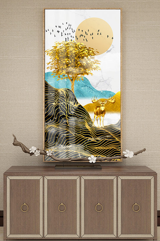 新中式金色抽象发财树玄关装饰画-众图网