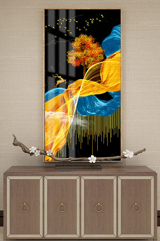 新中式金色发财树麋鹿玄关装饰画-众图网