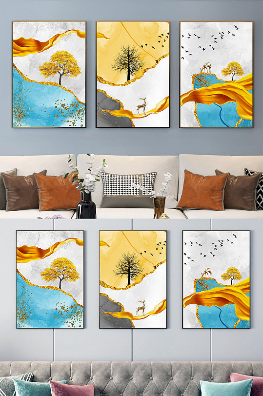 新中式抽象金色麋鹿发财树装饰画-众图网