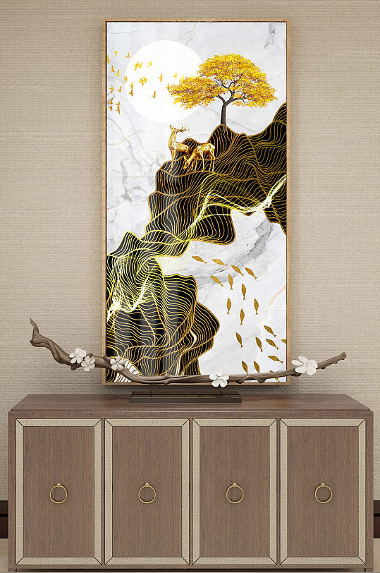 新中式意境飞鸟发财树玄关装饰画-众图网