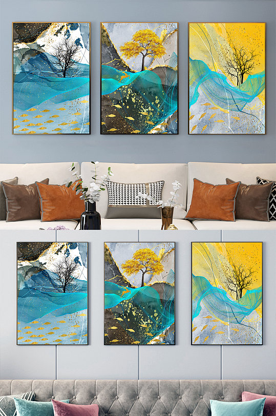 新中式抽象飘带金色发财树装饰画-众图网