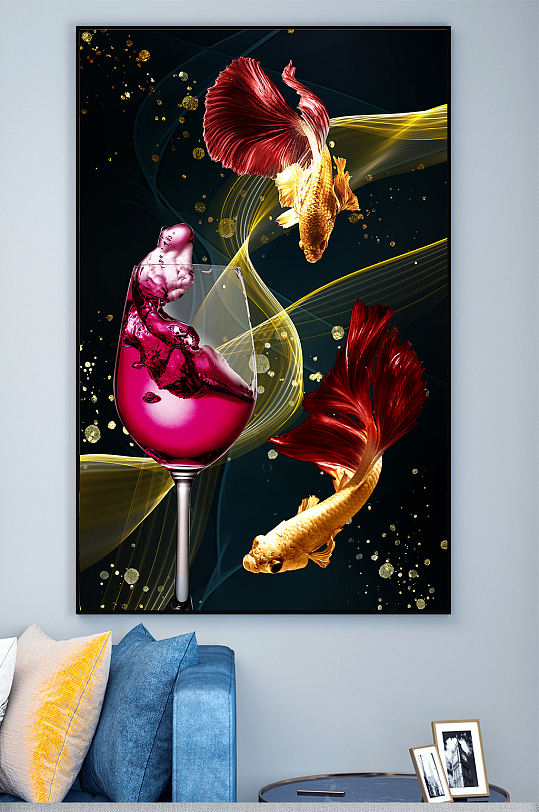 歐式餐廳酒杯金魚玄關(guān)裝飾畫