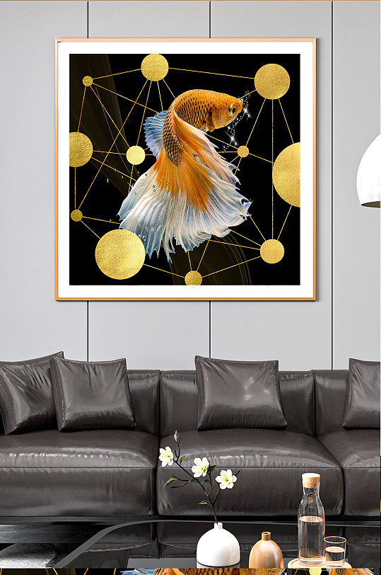 新中式金箔抽象斗鱼装饰画-众图网