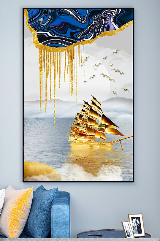 新中式抽象金船玄关装饰画-众图网