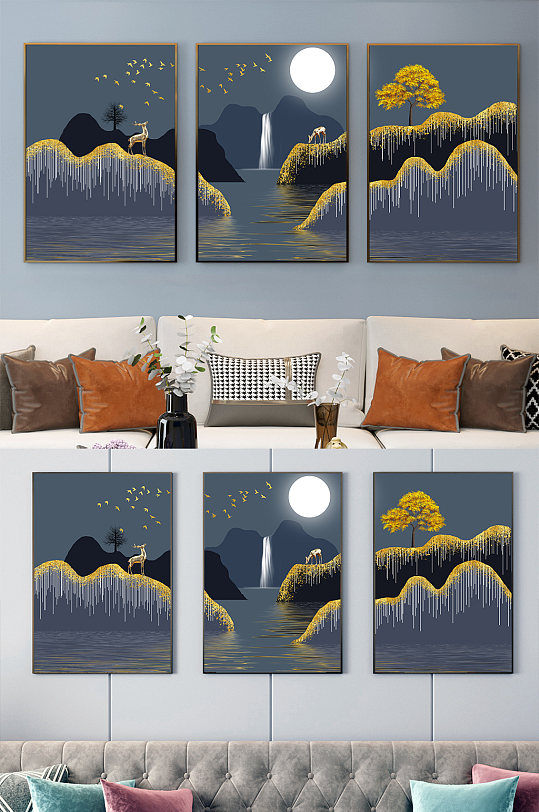 新中式山水抽象金箔装饰画-众图网