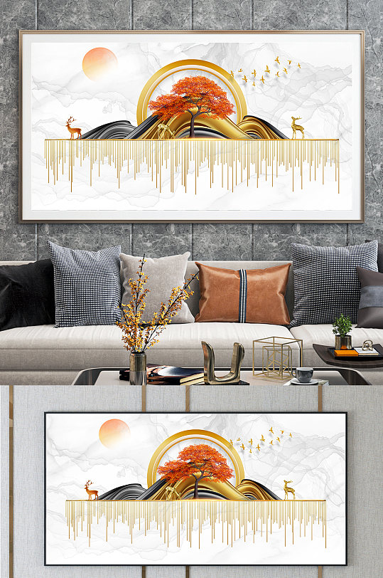 新中式抽象大气麋鹿装饰画-众图网