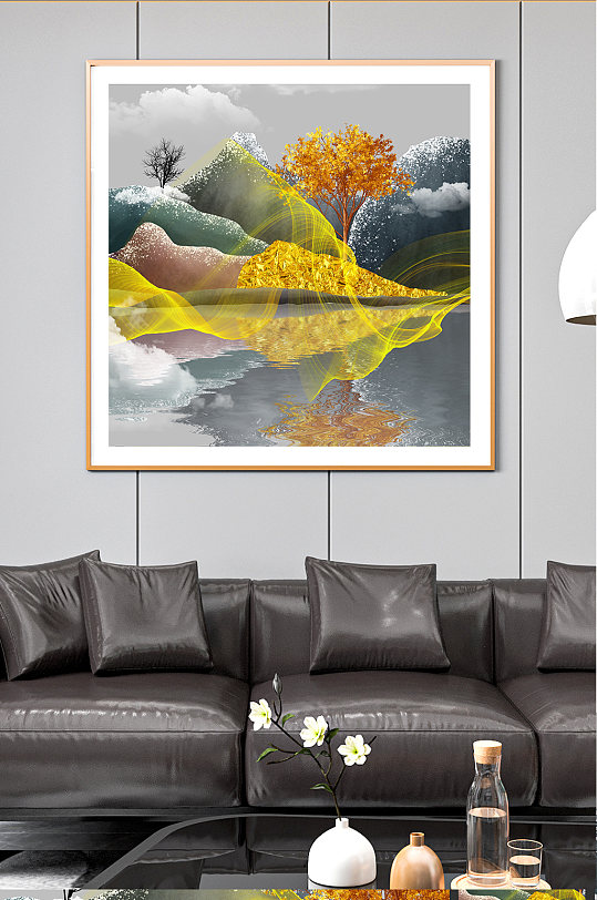 新中式抽象金箔山峰装饰画-众图网