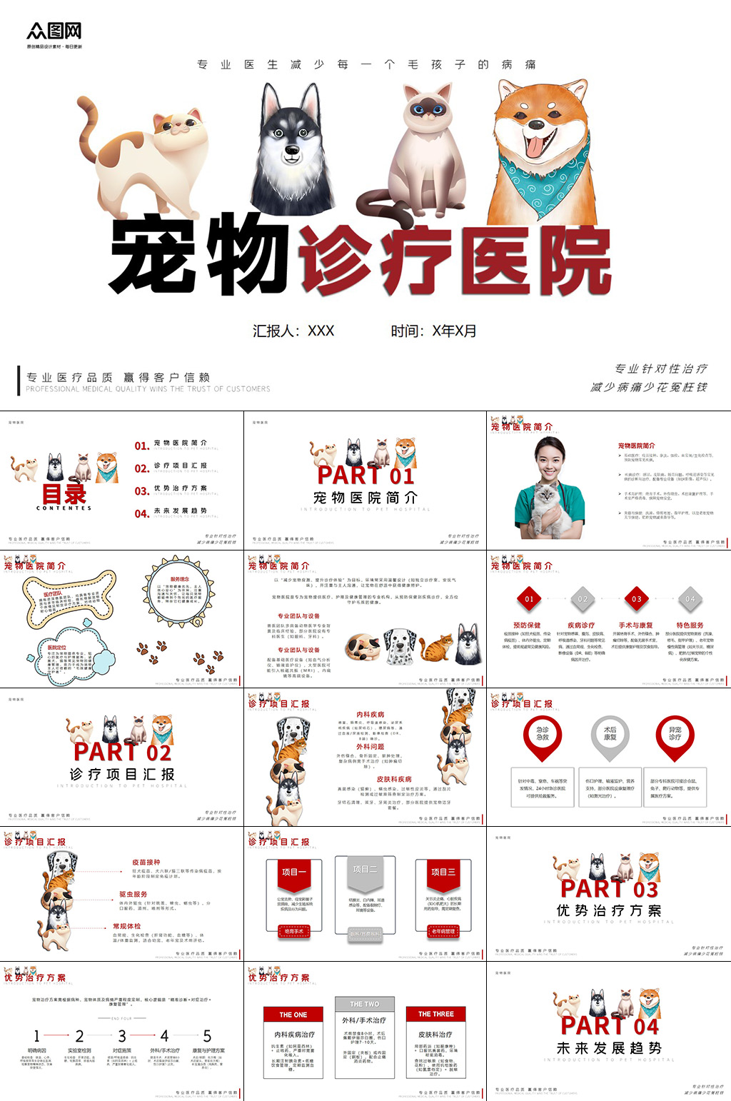 大氣寵物醫(yī)院寵物店貓貓狗狗PPT素材