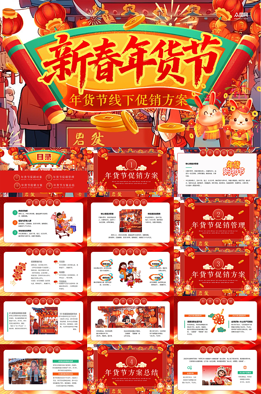 红色新年春节集市年货节线下活动介绍PPT-众图网