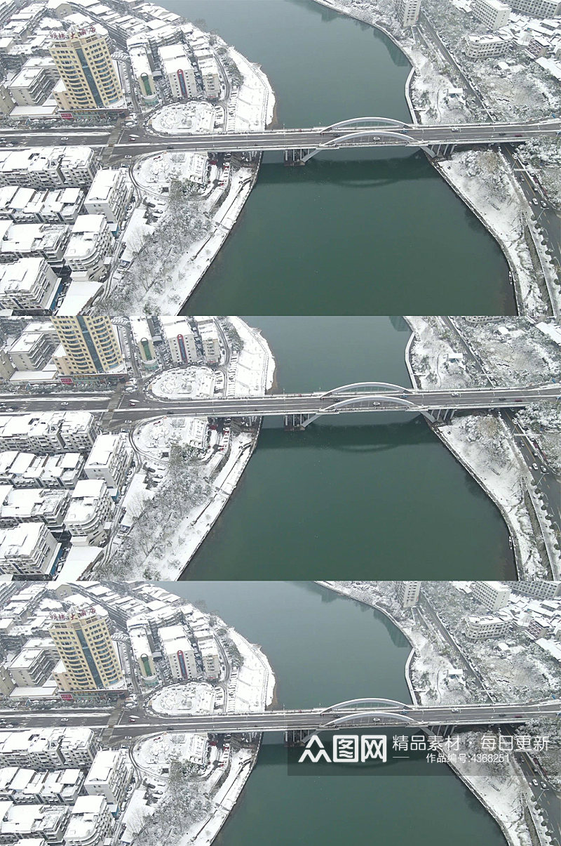 航拍冬天雪景跨河大桥交通素材