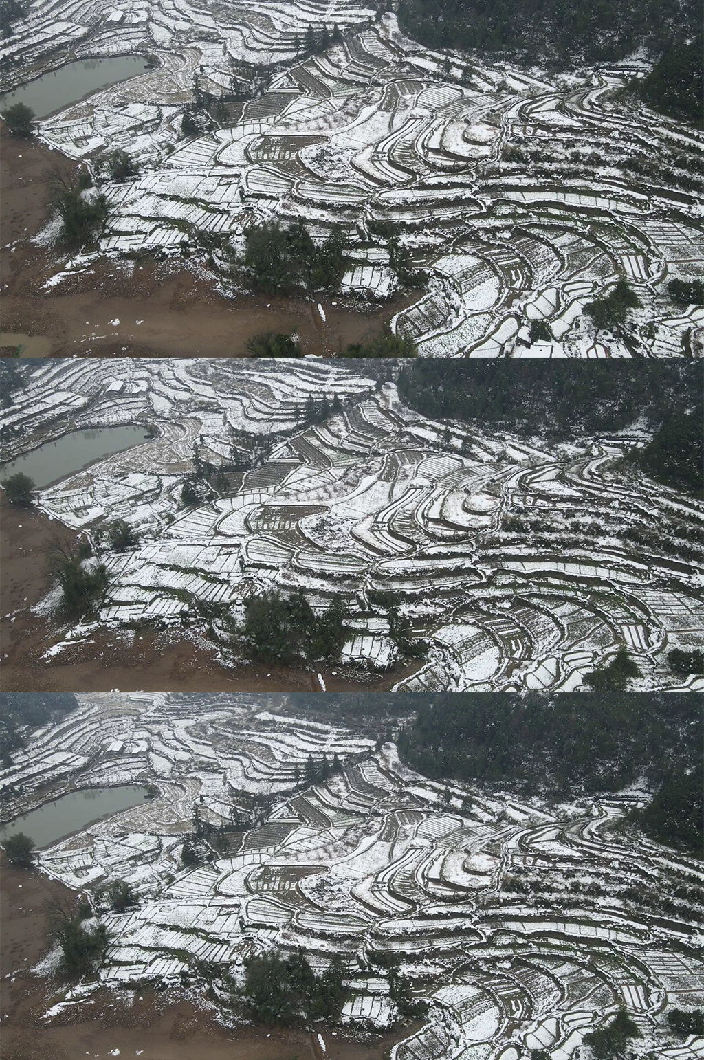 航拍农业梯田冬天雪景素材